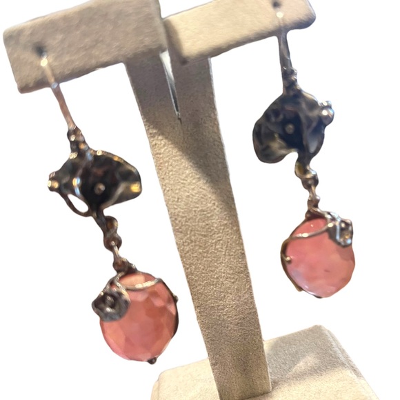 Sterling silver 925 Fancy Rose quartz stone Flower Dangle earrings - Picture 8 of 15
